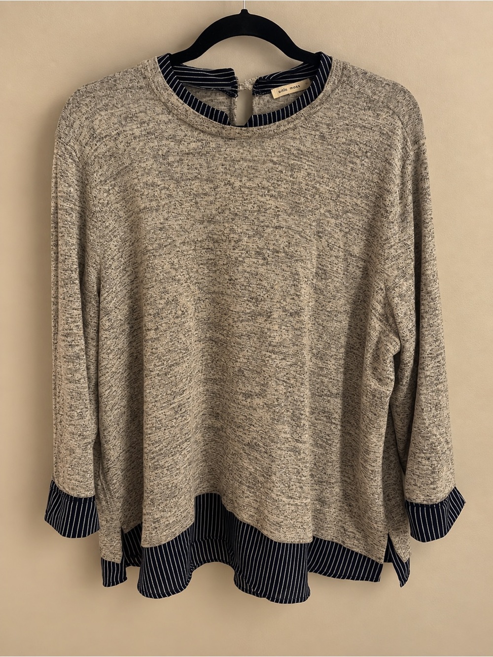 Faith and Joy Heathered Gray Sweater with Navy Stripe Trim